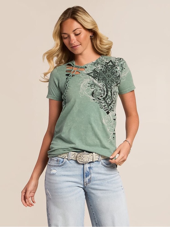 Affliction Tops - Buckle Affliction Lace-Up Y2K Deep Sea Lava Wash Graphic Short Sleeve Tee Medium